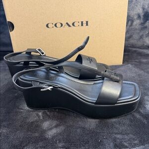 Coach Black Leather Platform Slingback Sandals